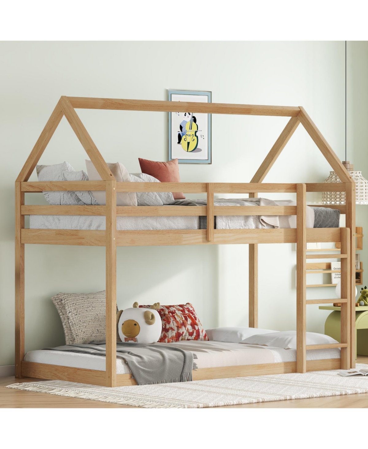Streamdale Furniture Twin over Twin Rubber Wood Floor Bunk Bed, with ladder,Guardrails,House-Shaped-Bunk Bed,White oak
