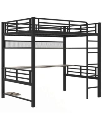 Full Size Metal Loft Bed Frame with Storage Shelf and LED Light,Iron mesh