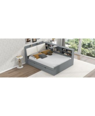 Wood Full Size platform bed with Trundle, Shelves and Storage Headboard