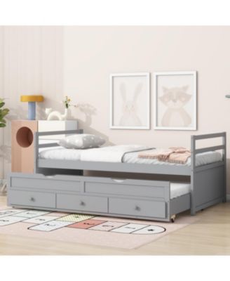 Twin Pine Wood Bed with Headboard, Footboard, Trundle, and Storage