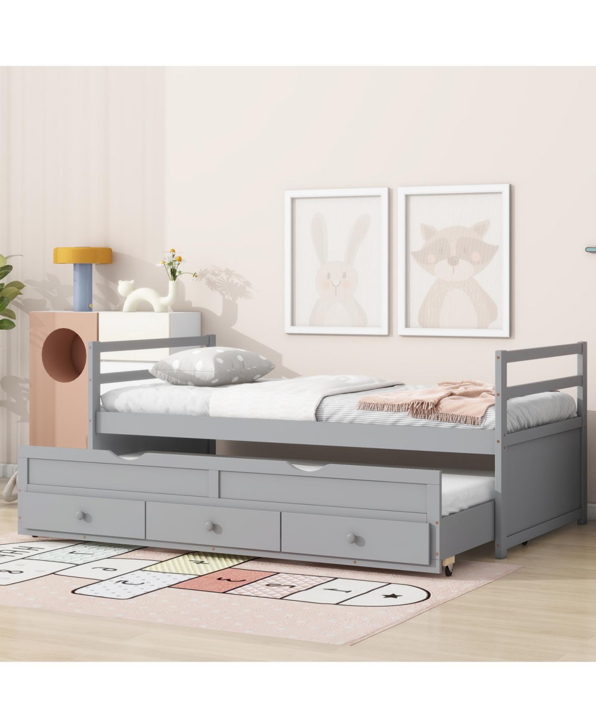 Streamdale Furniture Twin Pine Wood Bed with Headboard, Footboard, Trundle, and Storage