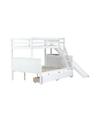 Twin over Full Bunk Bed with 2 Drawers, Slide, Shelves, Ladder, Rubber Wood Bunk Bed with Slide, Drawers