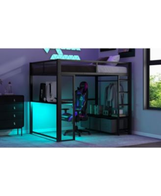 Full Size Metal Gaming Loft Bed with LED, Desk, Open Wardrobe and 3 Linen Storage Drawers