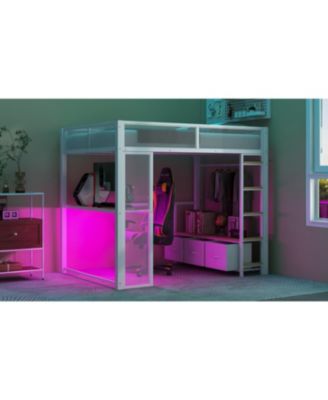 Full Size Metal Gaming Loft Bed with LED, Desk, Open Wardrobe and 3 Linen Storage Drawers