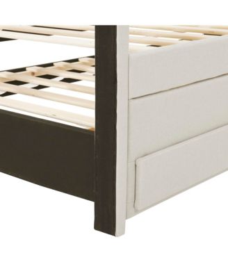  Full Size Upholstered Platform Bed with Twin Size Trundle and 3 Drawers, Linen Fabric, Beige