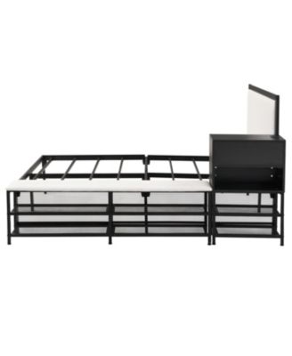 Metal Platform Bed with Two-Tier Storage Shelves, Wooden Storage Cabinet