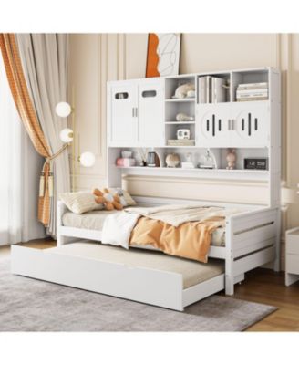 Twin Size Wooden Daybed with Trundle and Storage Cabinet & Shelf