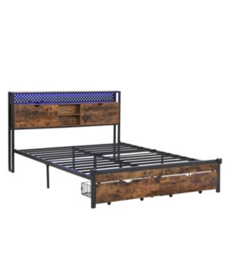 Queen Metal Platform Bed Frame with Headboard, LED Lights, Storage, USB Charger