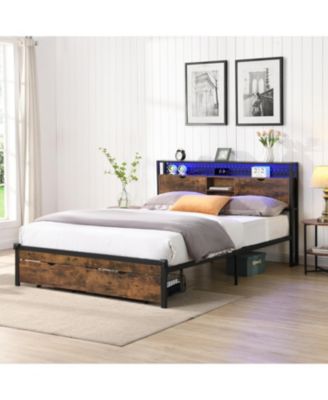 Metal Platform Bed with USB, Charging Station, Storage, LED Lights