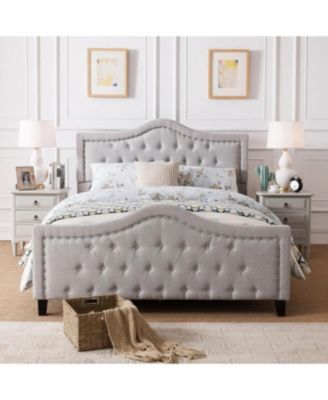  Queen Platform Bed Frame with Arched Nailhead Headboard, No Box Spring Needed