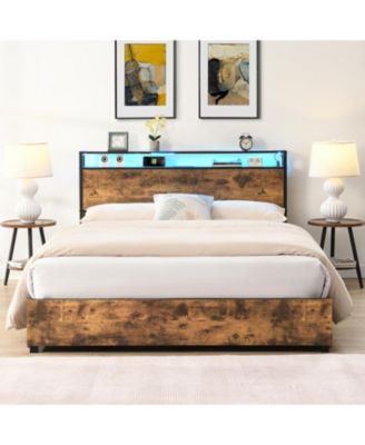 Queen Bed Frame w/ Charging Headboard, Noise-Free, No Box Spring