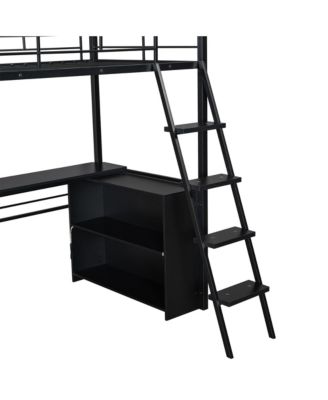Metal Loft Bed with LED, Desk and 4 Storage Shelves,