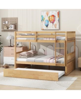 Rubber Wood Full/Full Bunk Bed with Trundle and Guardrails, Convertible to 2 Beds