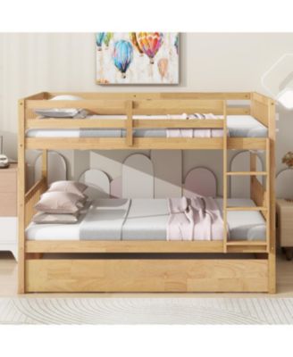 Rubber Wood Full/Full Bunk Bed with Trundle and Guardrails, Convertible to 2 Beds