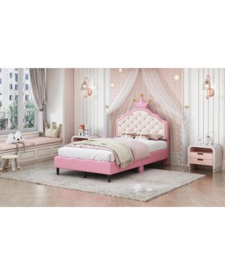 Twin Size Lovely Crown Fantasy PU Leather Princess Bed with Tufted Headboard, Pink+Cream