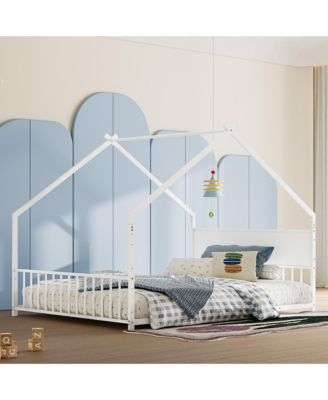  Kids House Bed with Roof and Lights, Metal Frame