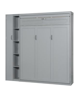 Queen Size Murphy Bed Wall Bed with Shelves, Wardrobe and LED Lights