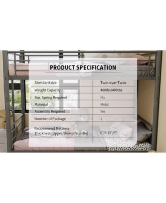 Twin Over Twin Metal Bunk Bed with Ladders & Guardrail