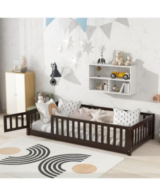 Twin Espresso Floor Bed with Fence & Door