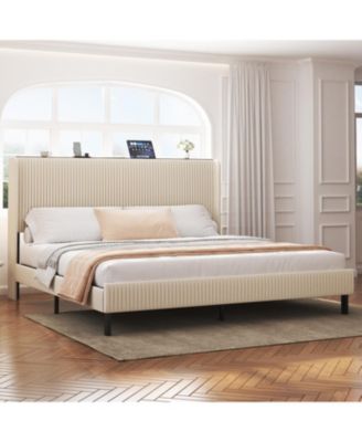 King Beige Platform Bed with Charging Station