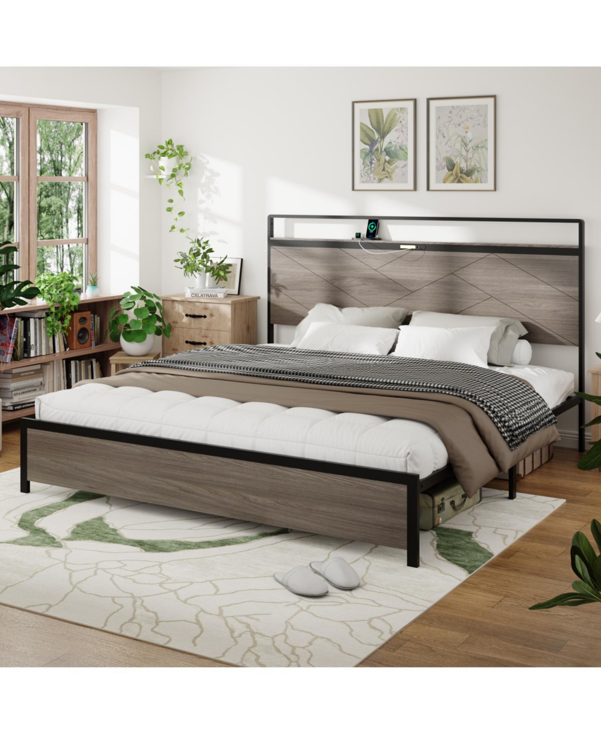 Streamdale Furniture + King + Wooden + Led, Usb, Storage + Bed Frame