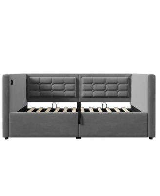  Upholstered Twin Daybed with Hydraulic Storage, USB Charging, Tufted Back, Gray Velvet
