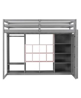 Twin Size Wood Loft Bed with Wardrobe, shelves and Cabinet