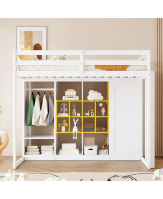 Twin Size Wood Loft Bed with Wardrobe, shelves and Cabinet