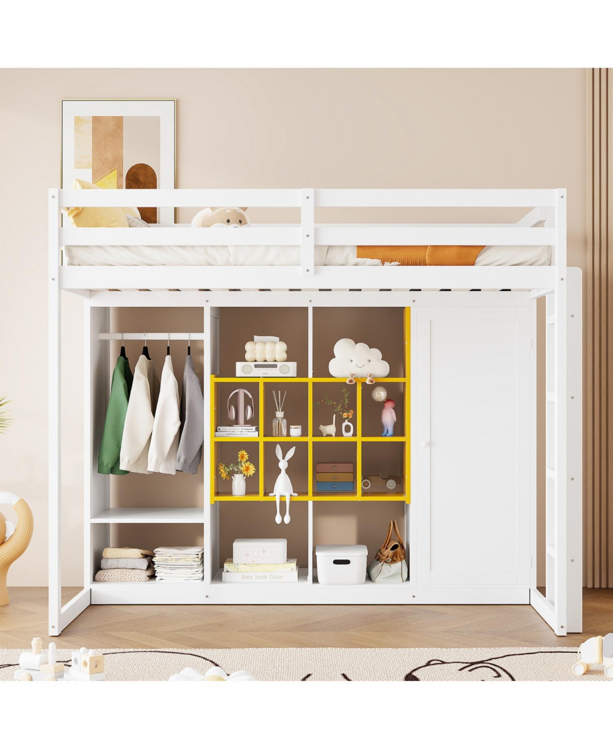 Streamdale Furniture Twin Size Wood Loft Bed with Wardrobe, shelves and Cabinet