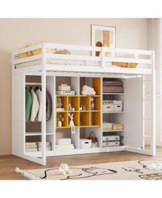 Twin Size Wood Loft Bed with Wardrobe, shelves and Cabinet