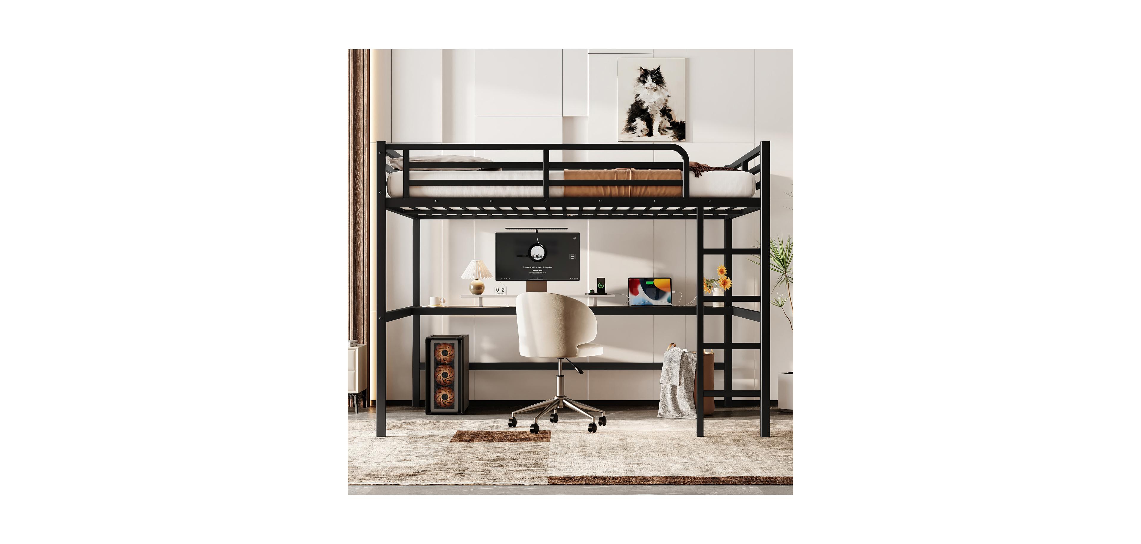 Streamdale Furniture Metal Queen Loft Bed w/ Outlet & Led Light