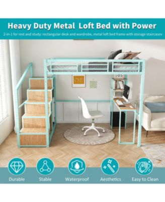Loft Bed w/Desk & Storage - Metal Frame, Staircase, USB & Outlet