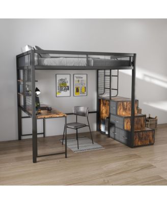 Loft Bed with Desk, USB, Drawers, Stairs & Storage - Black