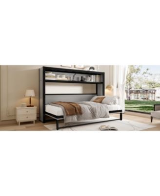  Twin Murphy Bed with Shelves, Foldable Metal Wall Bed - Gray