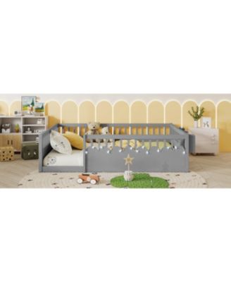 Twin Size  Wood  Rails, Light & Shelf  Floor Bed Frame