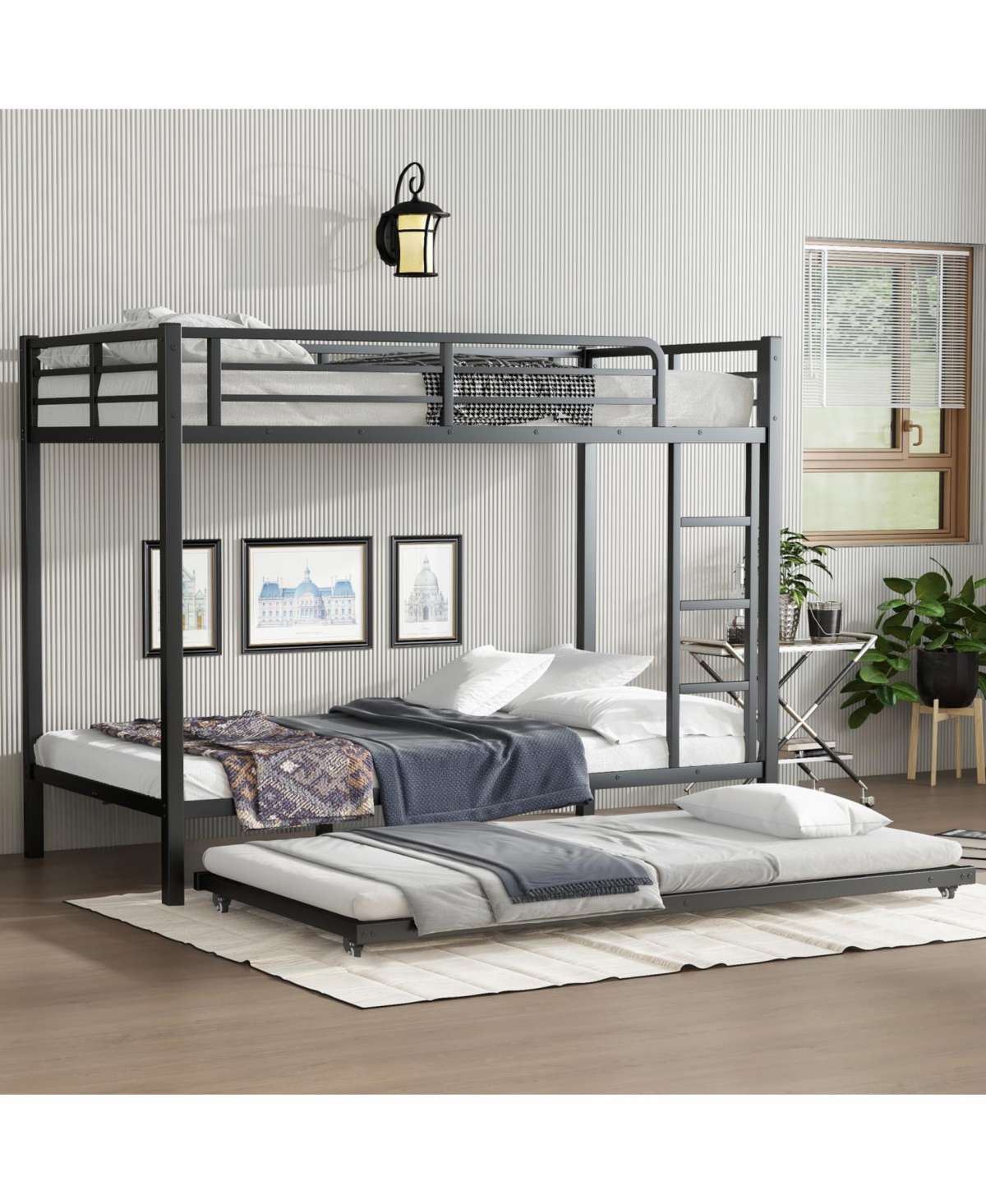 Streamdale Furniture Twin Xl over Twin Xl Metal Bunk Bed with Twin Size Trundle - Black