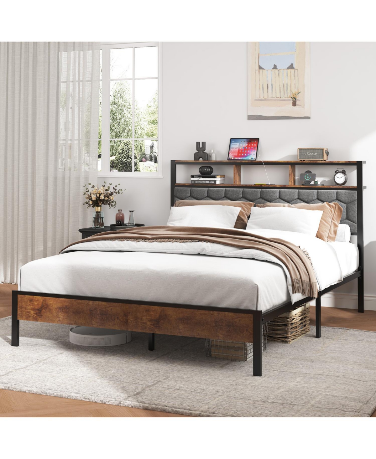 Streamdale Furniture Queen Bed Frame Headboard, Usb Ports, Under-Bed Storage