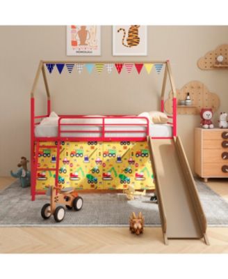 Jack Metal Twin Loft Bed w/ Slide & Curtain - Super Hero Gold/Red