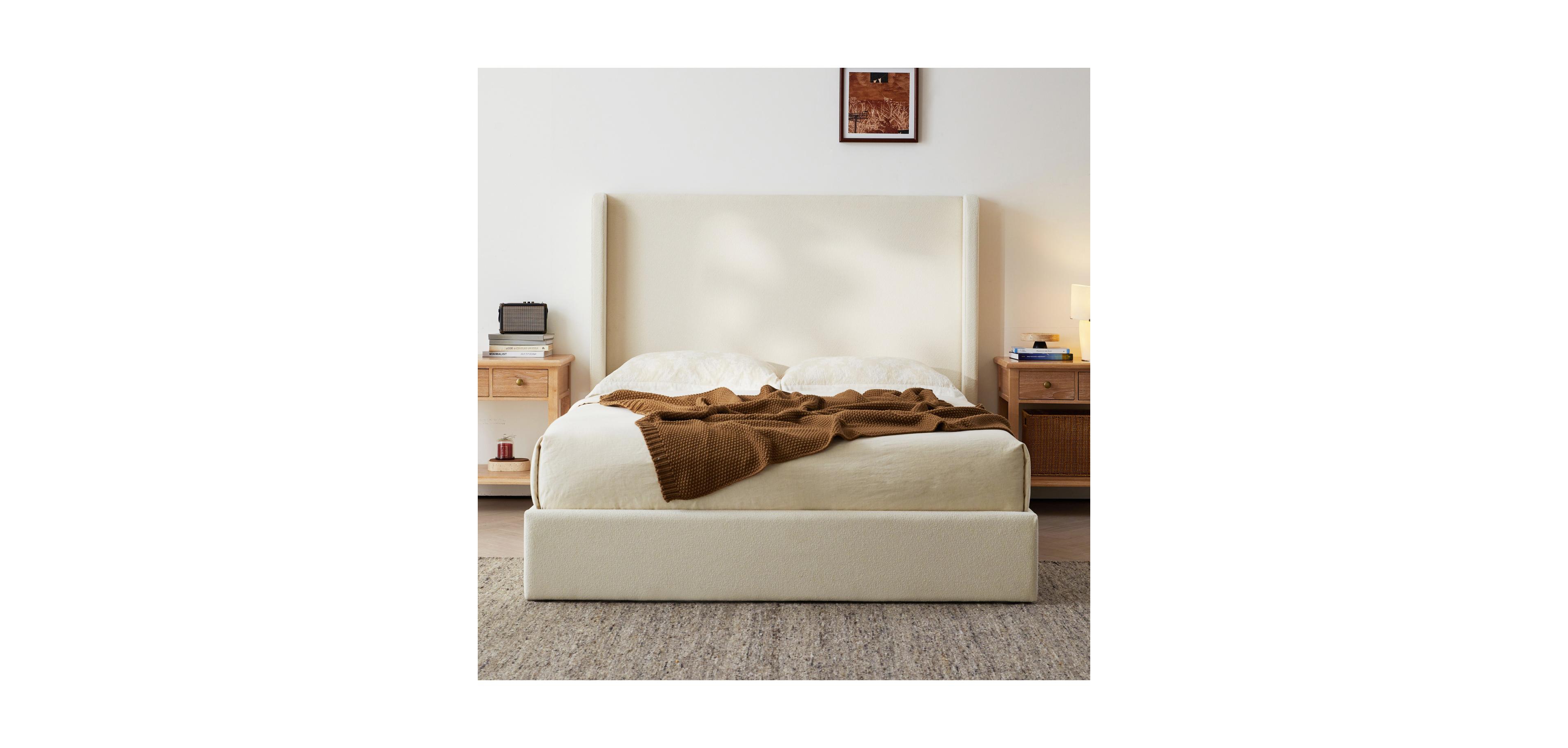 Streamdale Furniture Carmen Ivory Boucle King Upholstered Wingback Platform Bed