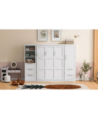 Queen Murphy Bed with Closet, Drawers & Shelves - White
