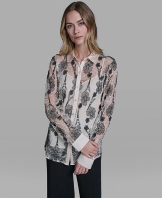 Women's Paris Lace Print Collared Top