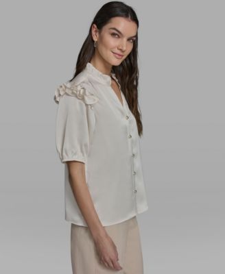 Women's Ruffle Shoulder V-Neck Top