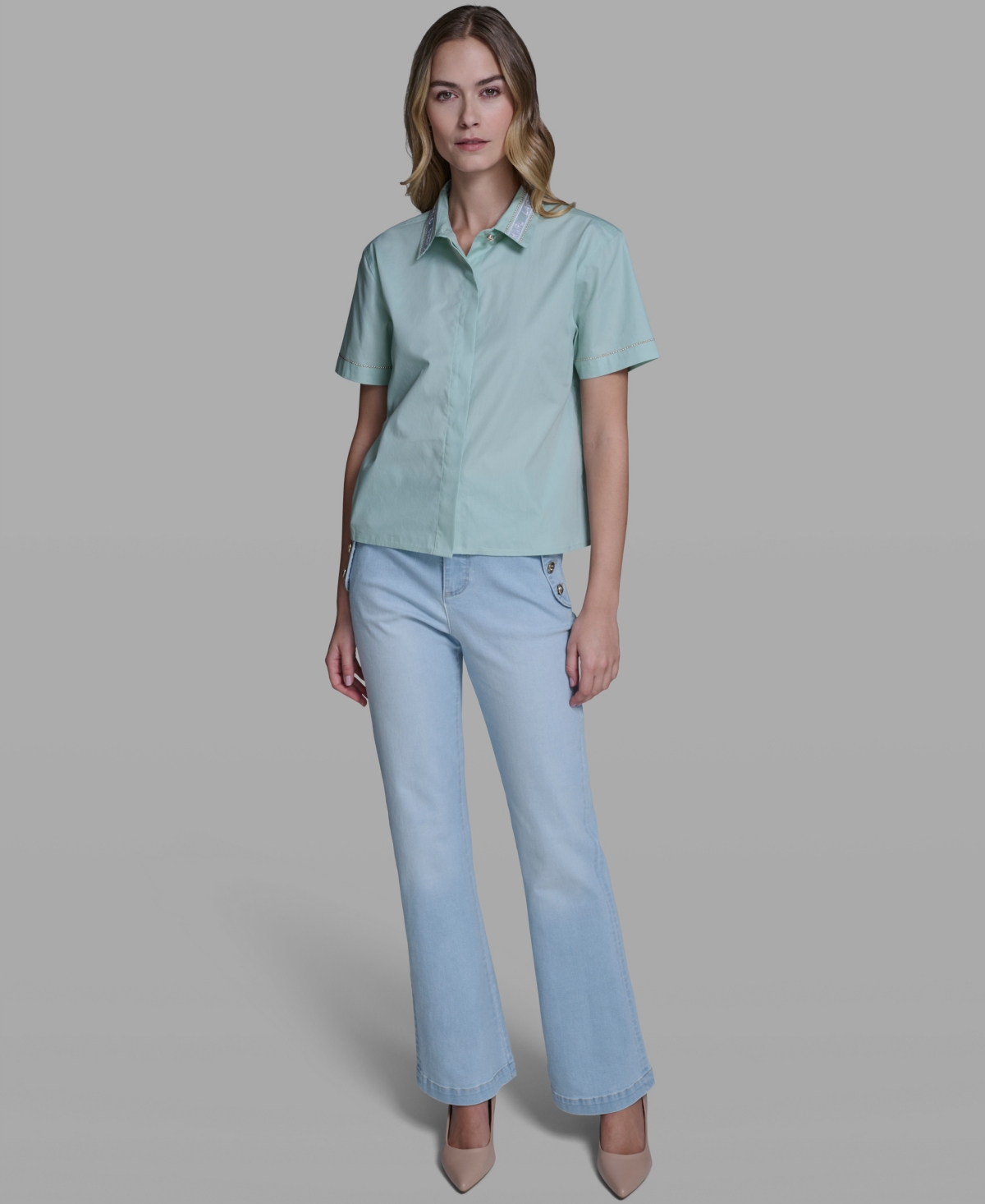 Karl Lagerfeld Paris Women's Short-Sleeve Collared Top