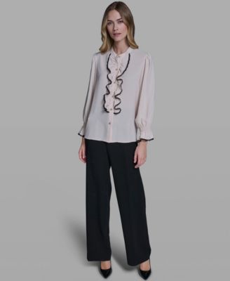 Women's Ruffle Lace Trim Long-Sleeve Blouse