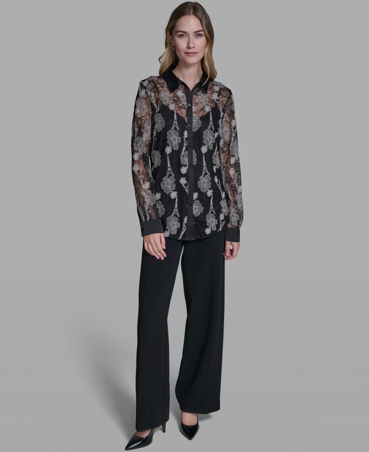 Karl Lagerfeld Paris Women's Lace Print Collared Top