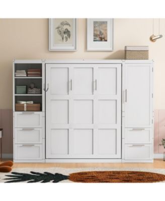 Queen Murphy Bed with Closet, Drawers & Shelves - White