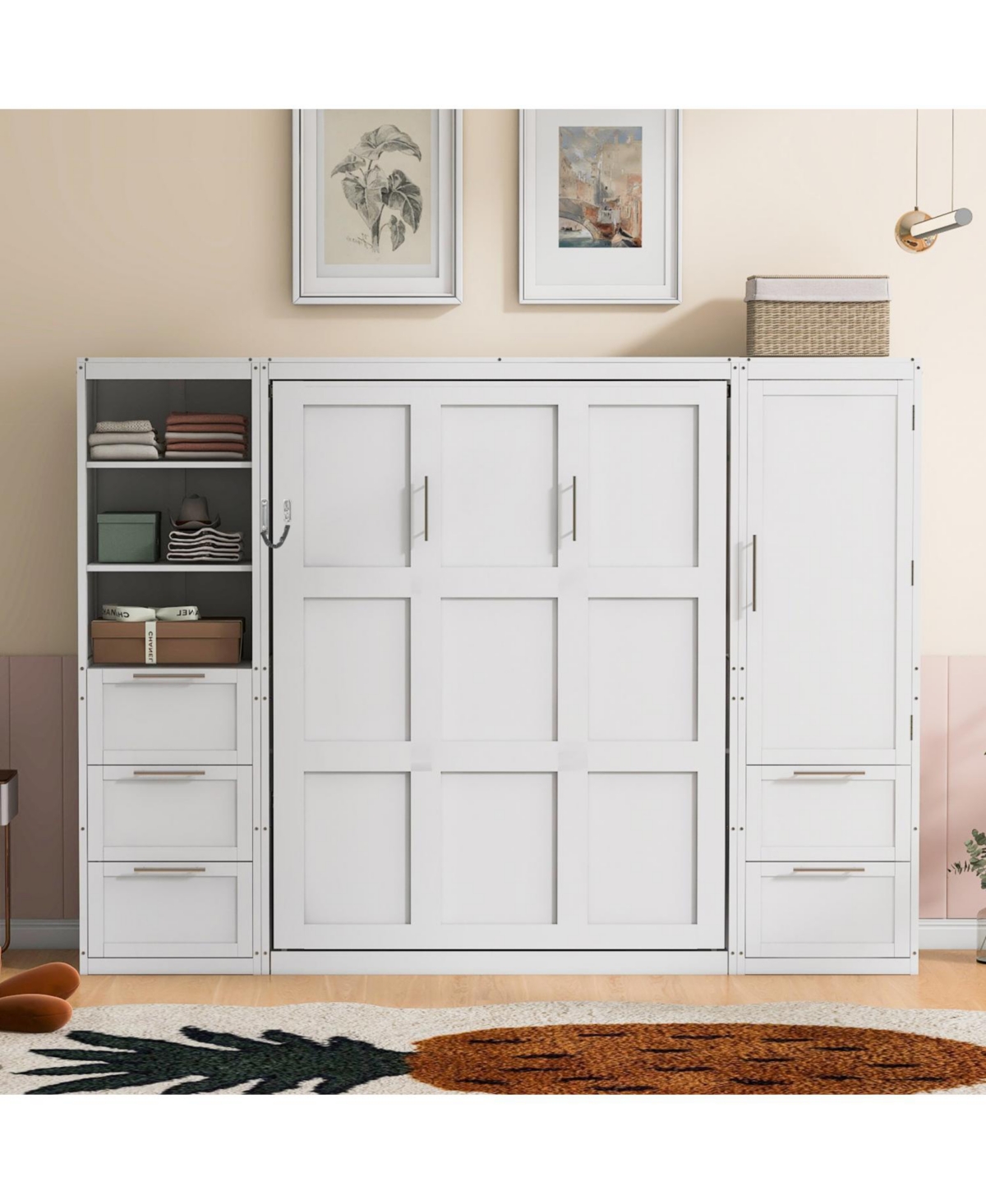 Streamdale Furniture Queen Murphy Bed with Closet, Drawers & Shelves - White