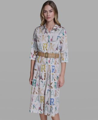 Women's Allover Print Belted Collared Shirt Dress