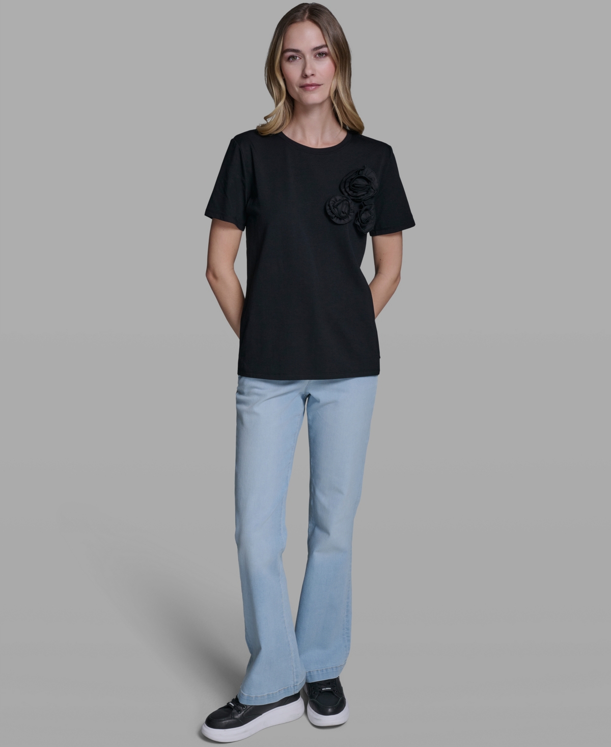 Karl Lagerfeld Paris Women's Rose Trim Knit Crewneck Top