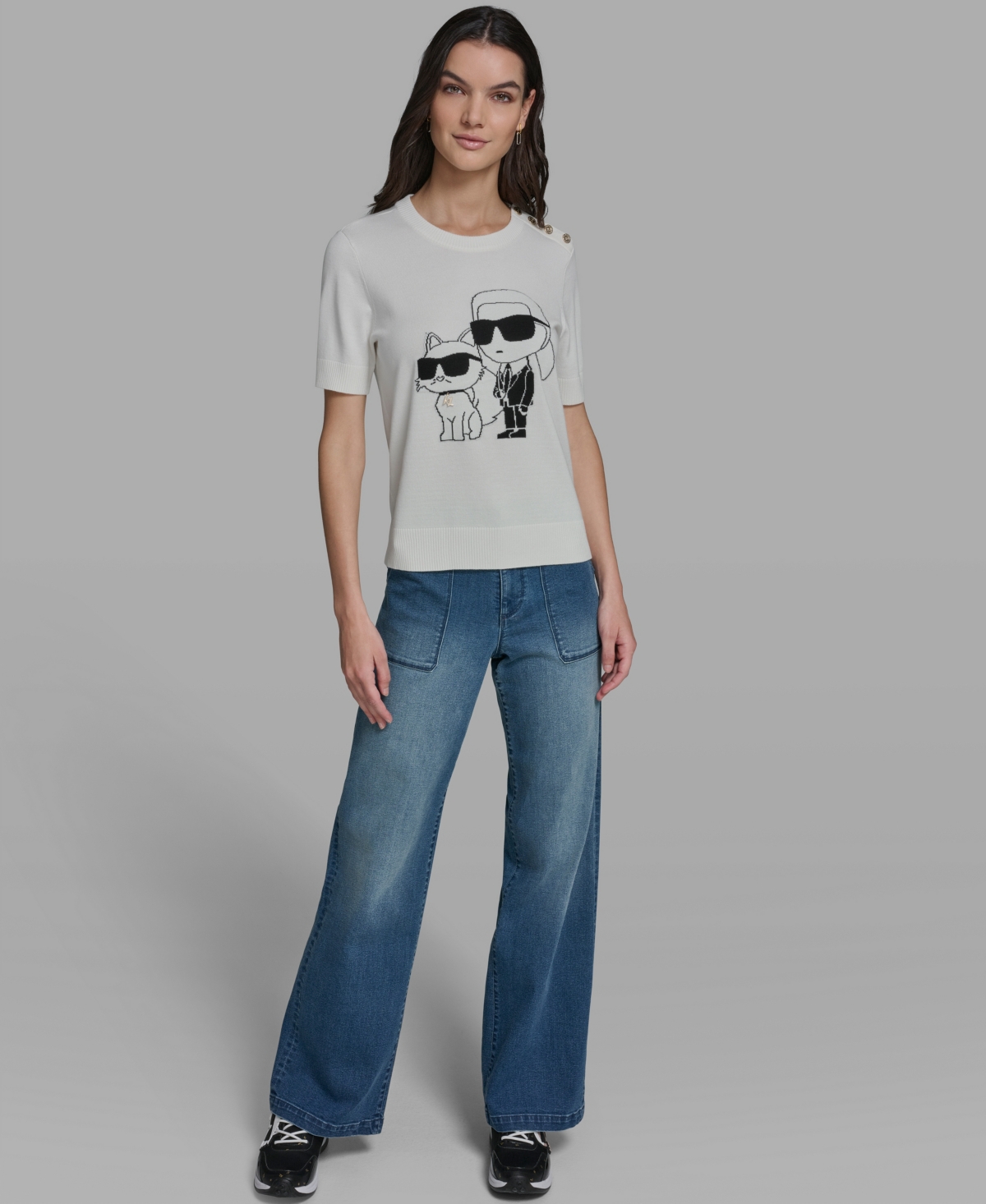 Karl Lagerfeld Paris Women's and Choupette Crewneck Graphic Sweater
